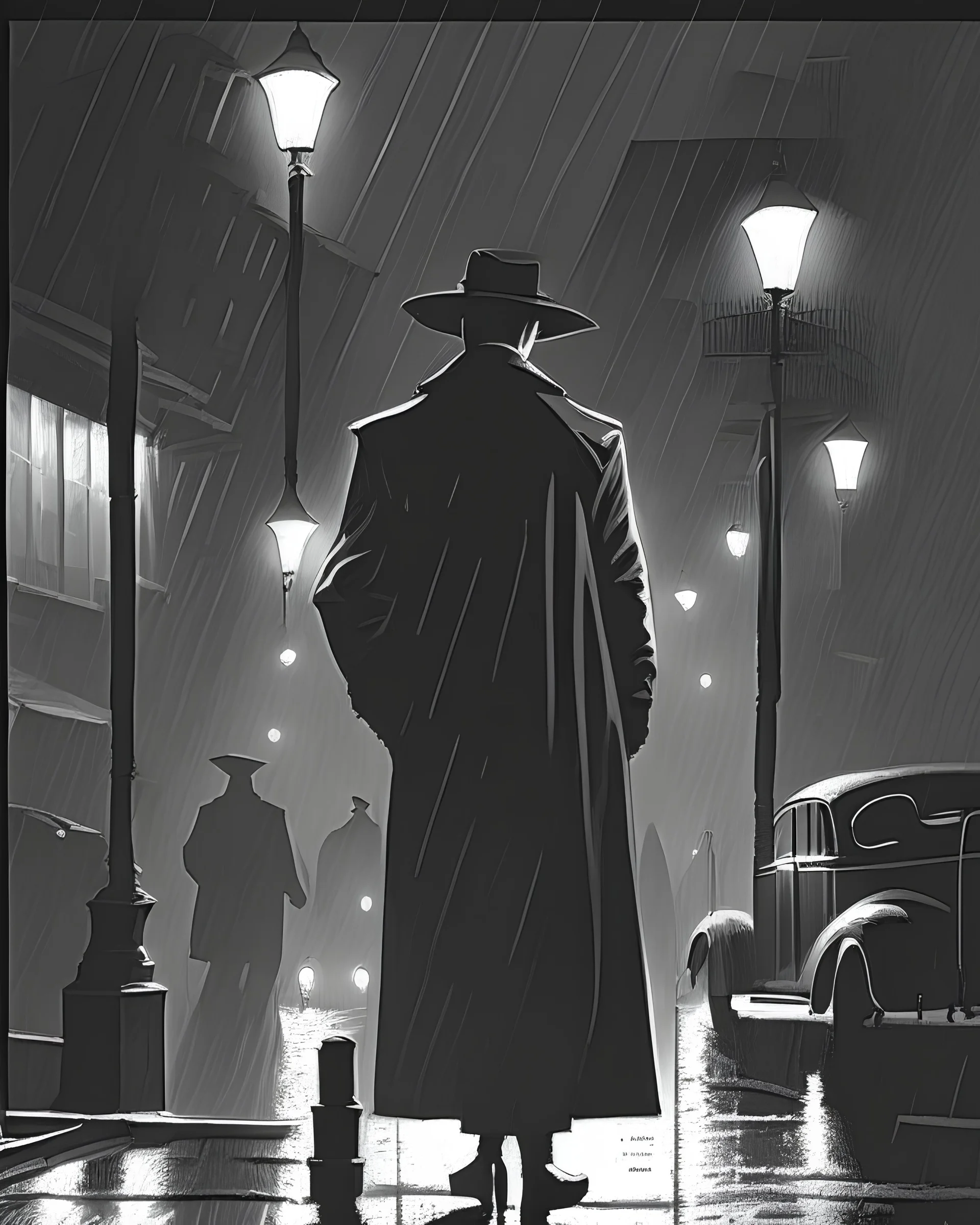 A dramatic, film noir-inspired illustration of a shadowy, rain-soaked city street at night, with a mysterious figure in a trench coat and fedora standing under a streetlight, evoking a sense of tension and suspense reminiscent of classic crime dramas.