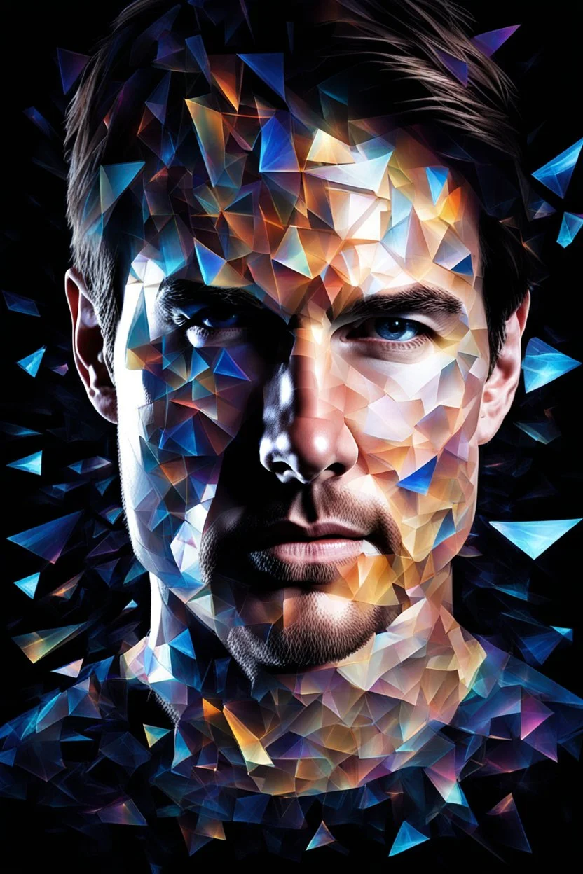 Tom Cruise facial portrait - pitch-black background with a blue glowing overhead spotlight effect, multicolored shards of broken glass, prism effect, mosaic effect, time travel, space voyages, superheroes, moving really fast