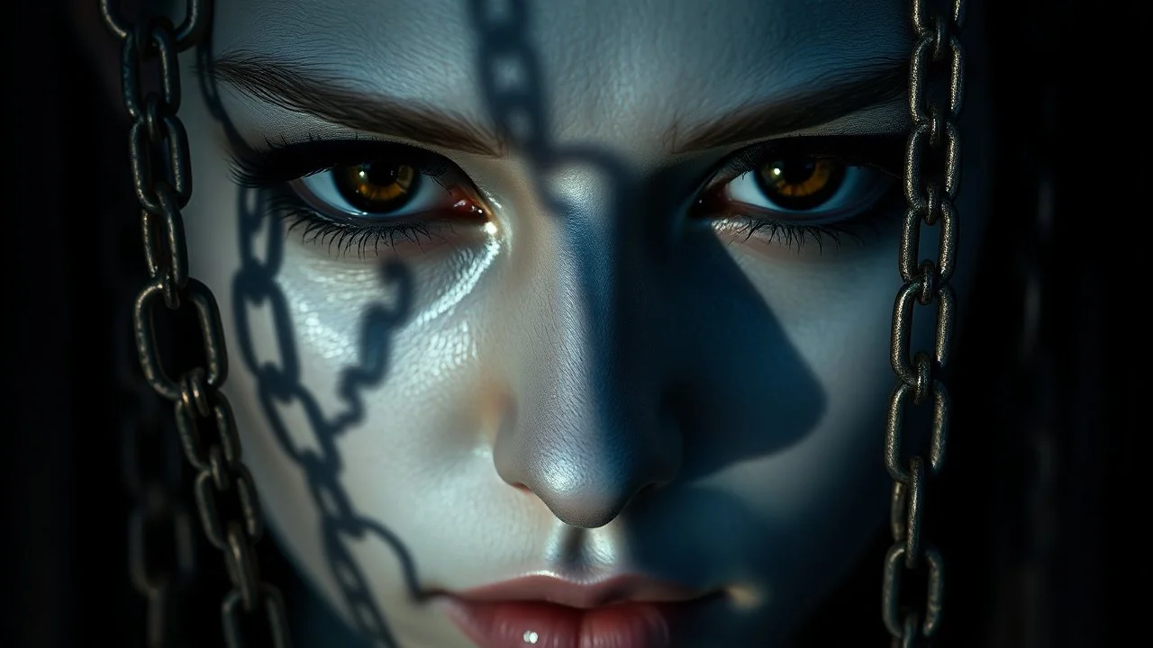 close up pale blue-white face with black-dark gold eyes with black shadow cold void gaze, detail face, floats in deep darkness, deep blue abyss, vertical shadows of five chains projected on her face, crepy stunning, surreal vibe with meticulous textures, dark shadows