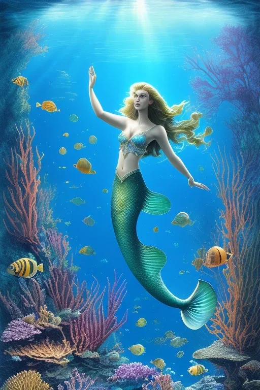 underwater scene, a mermaid, beautiful colors, fish, very fine detail, high quality, mystical, intricate, acrylic paint, soft lighting, dream like,