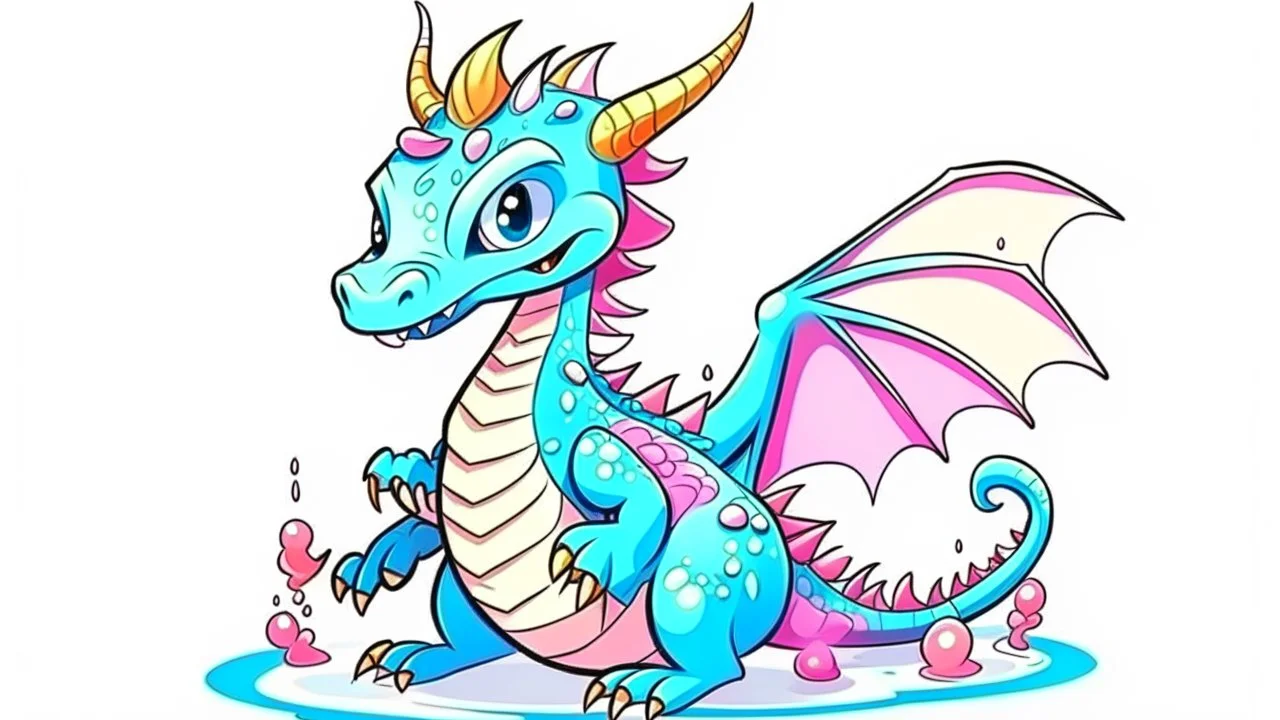 cartoon illustration: the dragon is eating a cake