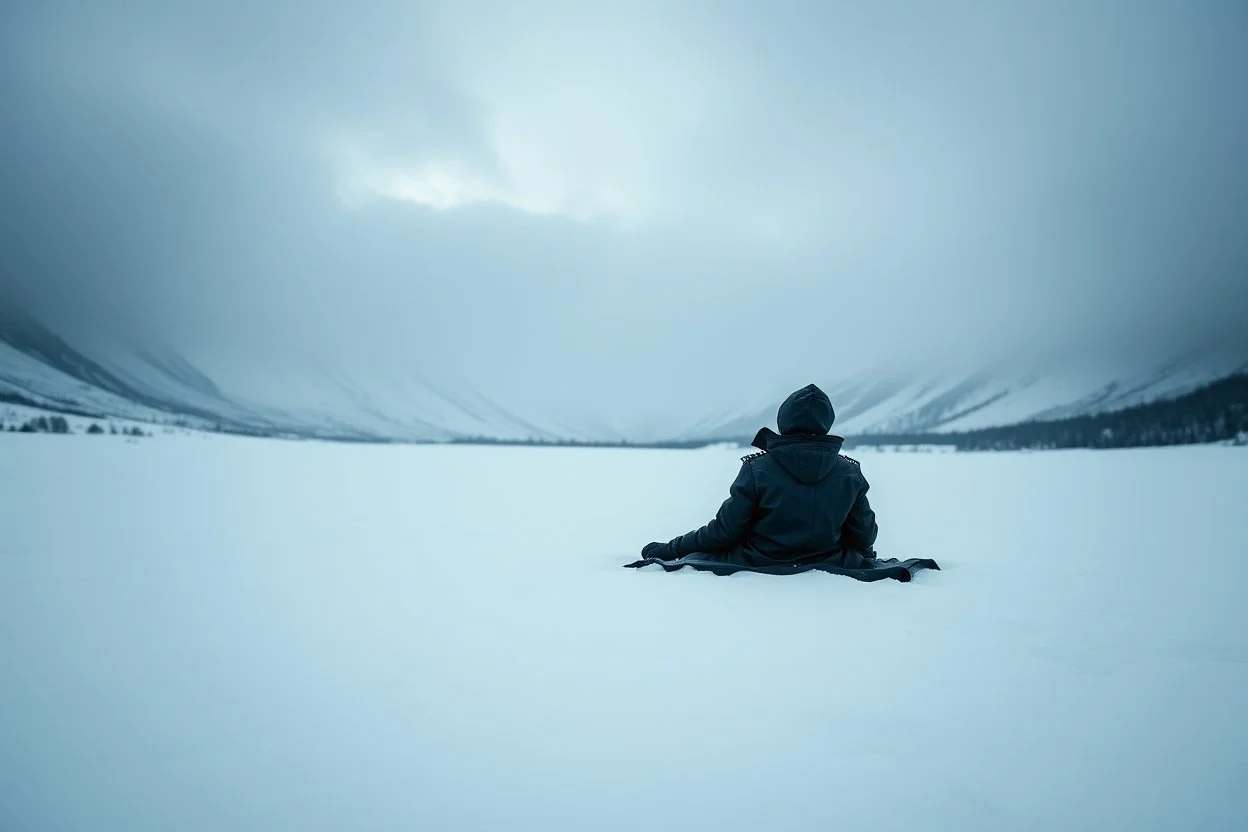 in the distance a figure in dark clothes and long black leather coat lies on his back in the snow and looks the sky in a winter landscape, alone, white snow, high contrast, cold, winter, mountains, white, blue, gray and black colors, cinematic, atmospheric, dark, gloomy, best shot