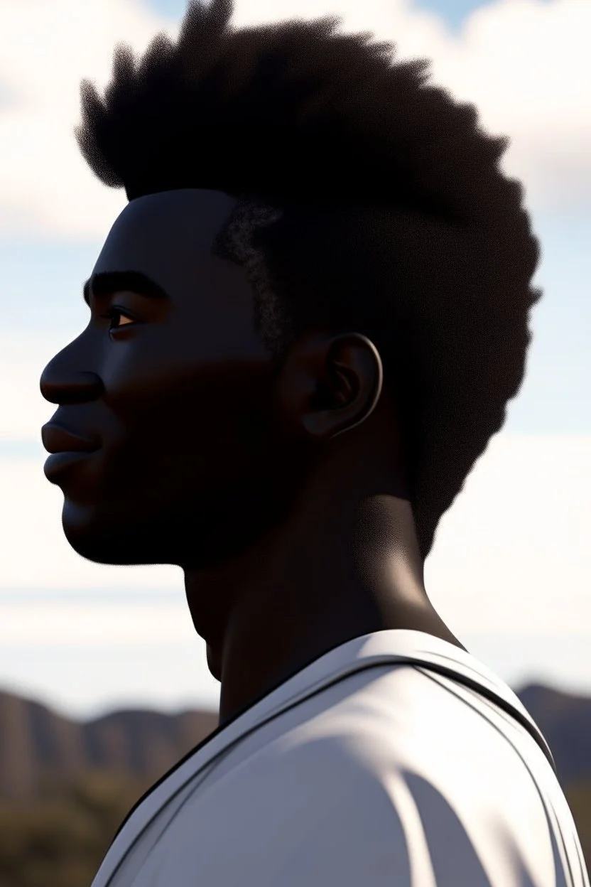 a close up side profile image of an attractive dark male angel, smiling and looking over the horizon on a very high cliff, 8k quality, supper realistic