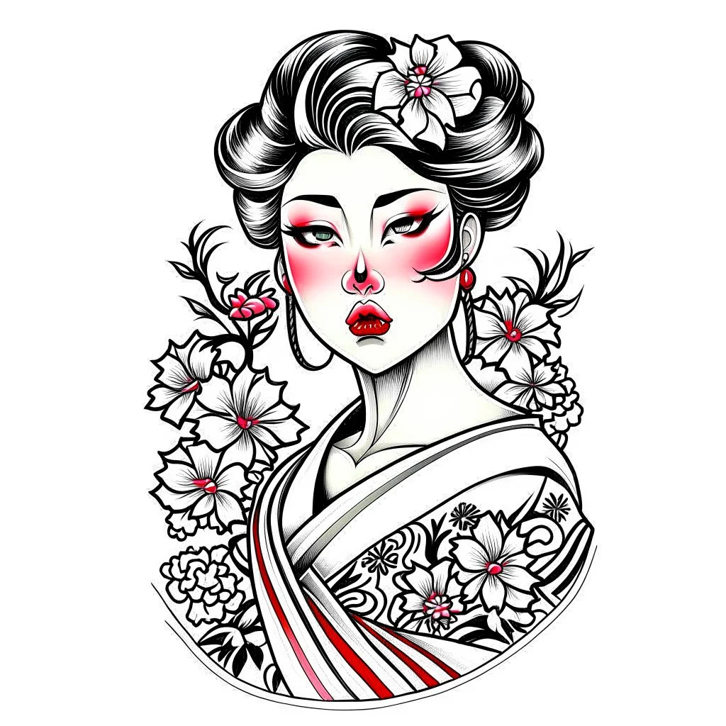 Tatto design Neotraditional style , Geisha with a Cherry Blossom Kimono, white background, tatto style, front view, black ink