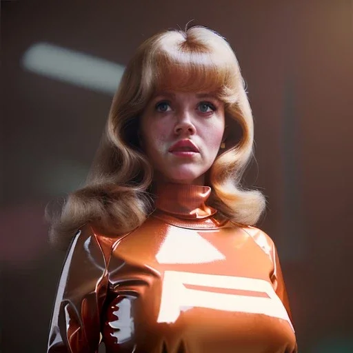 Ultra Realistic retro sci-fi portrait supermarket image from 1960, many explosions, sweet young Jane Fonda, tight latex suit, weapon, fighting stance, soft color, highly detailed, unreal engine 5, ray tracing, RTX, lumen lighting, ultra detail, volumetric lighting, 3d, finely drawn, high definition, high resolution.