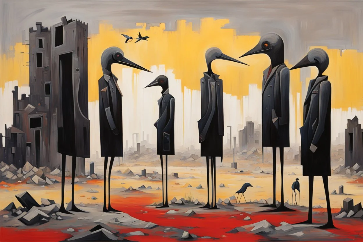 long-legged surreal lean black-grey figures with beak-shaped heads in overcoat, profile, semi-silhouettes among ramshackle ruins in a barren landscape of red, yellow, black and beige colors, intricate acrylic painting