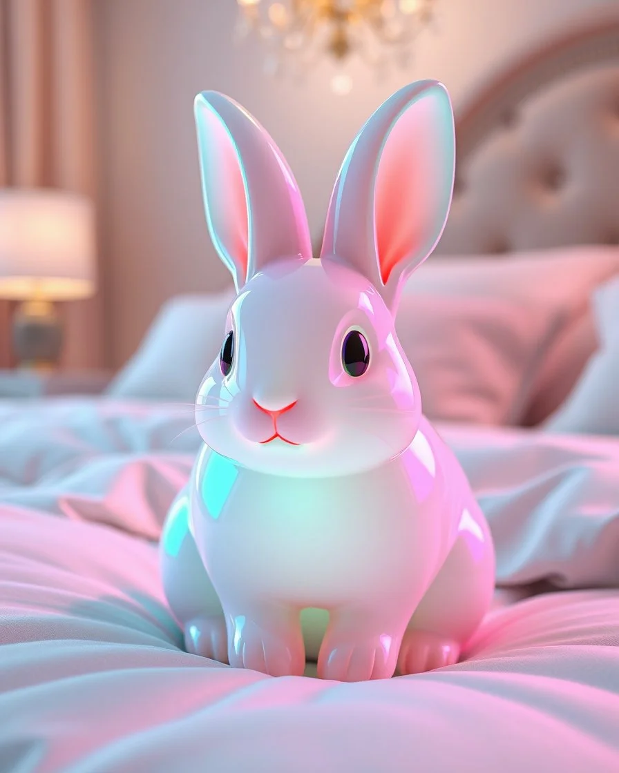 Generate image: A macro 3D render of a cute, lovely wooly rabit,made of Translucent glossy jelly material, soft gelatinous appearance, smooth rounded surface, realistic subsurface scattering, internal light diffusion, subtle volumetric translucency, wet polished highlights, slightly reflective surface, soft rubbery-plastic texture, vibrant neon color, physically based shader, studio lighting, high-end CGI render.on a conform in a luxury bedroom.