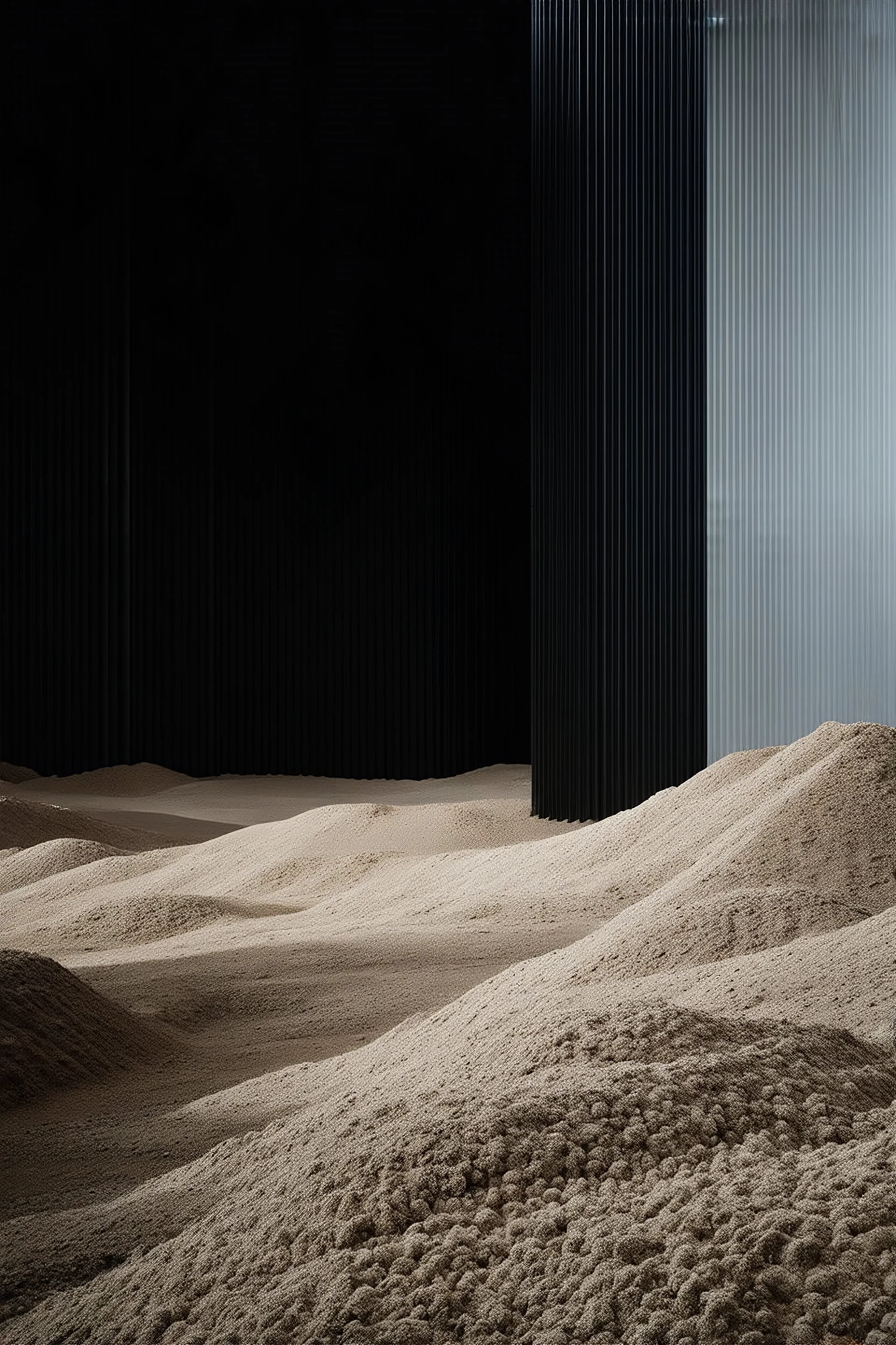 Photograph, NO PEOPLE, a mass of terrain, giant museum space, trees, black pillars, high walls, high peak in a room, rag, powder, brook, sediments, deflagration of the background, geological formation, light, architecture, minimalist, details of the terrain very accentuated, 8k, deep 3d field, sharp, brutalist, hasselblad h6d400c --ar 85:128 --v 6.0