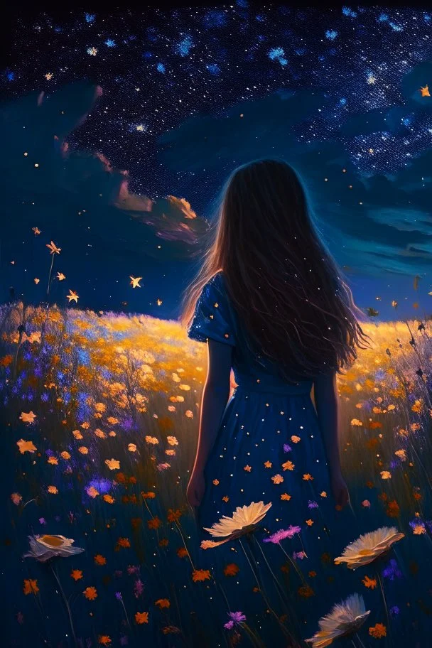 girl standing from behind, night, stars, beautiful painting, field, beautiful girl, dream, summer, shining stars, beautiful flowers, 8k