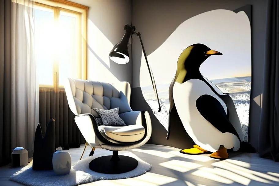 penguin shaped and penguin coloured (black and white) armchair in a modern room, with human feet decorated wallpaper in the background in sunshine