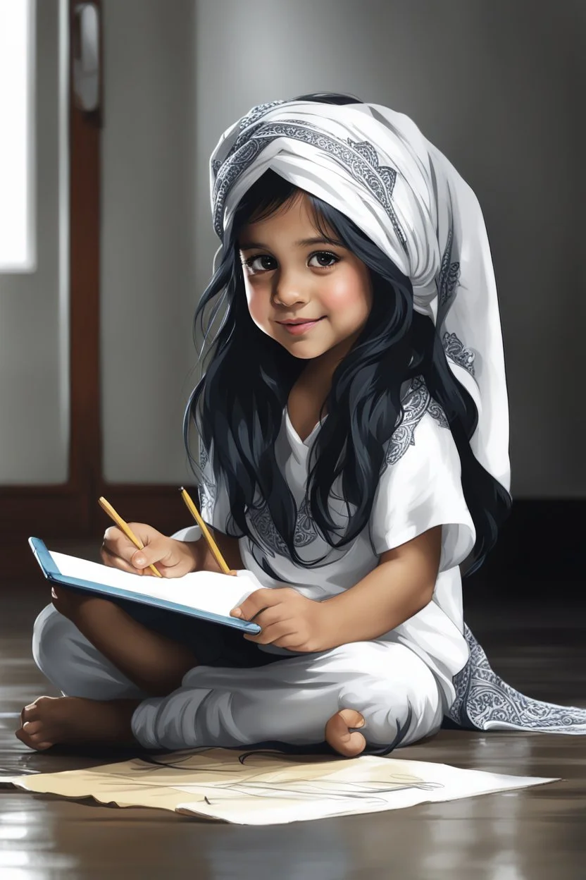 a little girl sitting on the floor holding a tablet, wearing a head scarf, shakira, white bangs, document photo, photo still of, paint, wet drapery, unmasked, diary on her hand, 2 8 years old, focus close on mischievous eyes, hand - drawn animation, with long black hair, portrait of dangerous