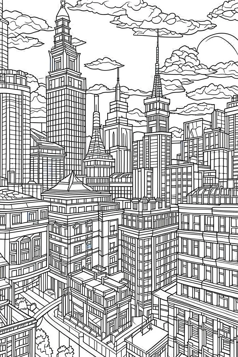 various architectural landmarks and cityscapes, coloring book page, simple and clean line art, adult drawing book, low details, black and white, crisp black lines, no shades, sharp lines, coloring book for adults, cartoon style, landscape