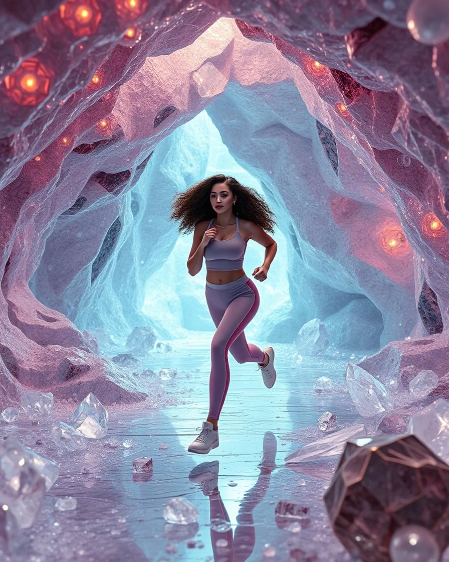 make a video pretty crystal cave covered with jewells and CIFI jewell lights and 3d recursive cubic and sphere base pearls and jwells a beautiful fashion model lady with cute,curvy hair,makeup, in pretty sports suit is running inside cave ,dynamic camera fallow her inside cave capturing full body, dynamic lights.
