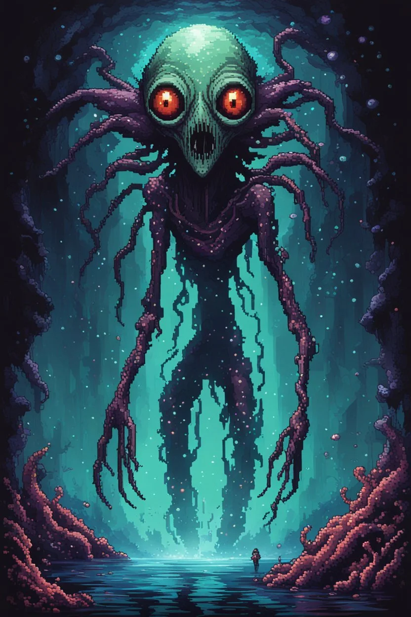 cosmic horror, nightmare, galaxy in eyes with dread, truth, alien underwater, fullbody, 8bits, pixel art,