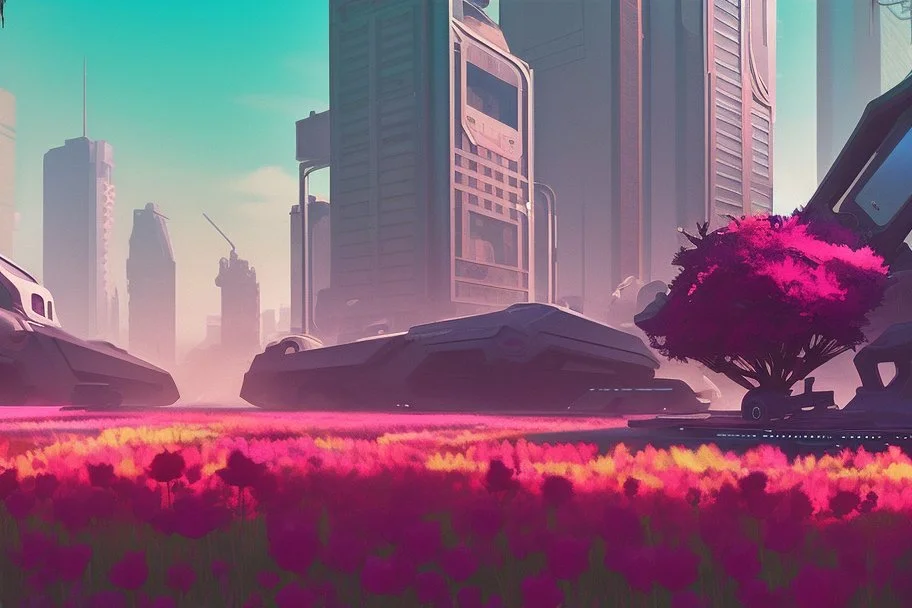 city, flowers, trees, sunny day, spring, sci-fi, cyberpunk influence