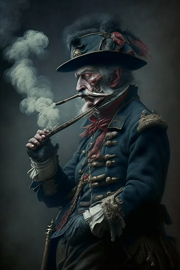 70 years old victorian bloodborne soldier with a musket and smoking a cigarette