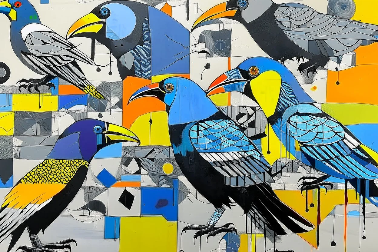 ink and paint of holo sizzle, arafed nonsense contradicting toucans in liminal space, double negative vibe, unnerving vibe, whimisical influence, grotesque vibe, ink and tint leak, minimal, brutalist, Aztec, drab and gray and orange and yellow
