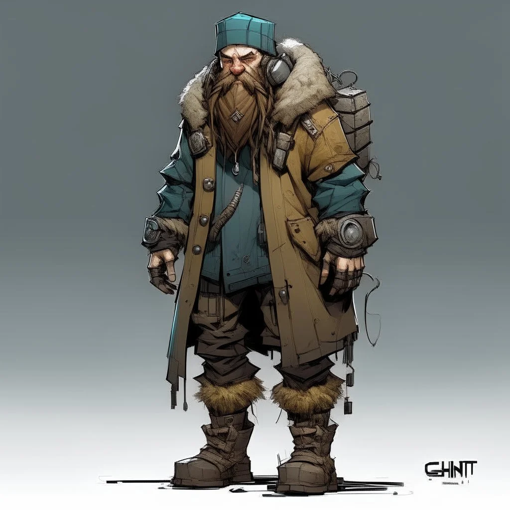 Cyperpunk dwarf with cybernetic legs, dressed with a coat and beanie