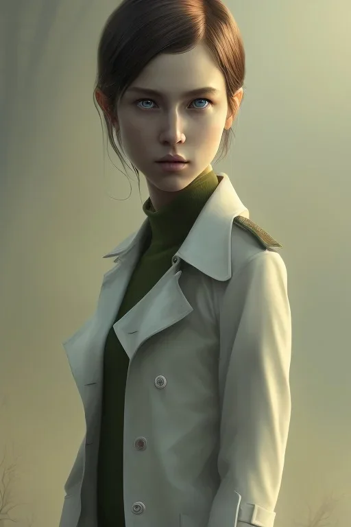 upper body portrait of a young girl from final fantasy live action, with short black hair and green eyes in a tan trenchcoat over a white shirt, award winning, masterpiece digital painting by greg rutkowski, alex grey, artstation, 4k wallpaper