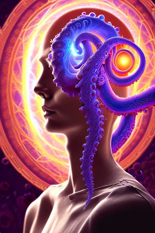 Spiritual being with Tentacles over human Head creating reality around, wrapping Spiral around people, Psychedelic