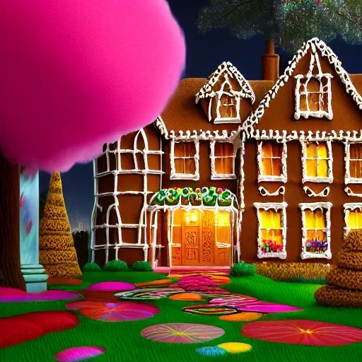 closeup render of rambling, Victorian house made of gingerbread and vibrant candy, cotton candy trees and gumdrop walkway, 8k resolution, centered, high-quality, ultrafine-detail, digital art, detailed matte, volumetric lighting, illustration, 3D octane render, brian froud, howard lyon, greg rutowski, George Grie