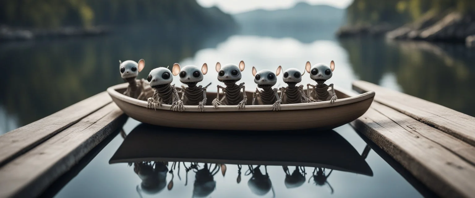 close up on dented glowing ghost transparent ant skeleton rat babies in boat with googly eyes, raised by ninja necromancer in the wild, on wooden bridge by lake in surreal reflecting stone chrome landscape
