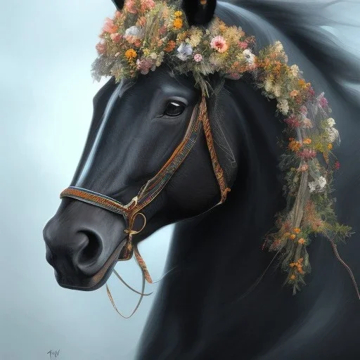 full Closeup portrait of a black horse wearing crown of flowers, smooth soft skin, soft lighting, detailed face, concept art, digital painting, looking into camera, hyper realistic with fine details