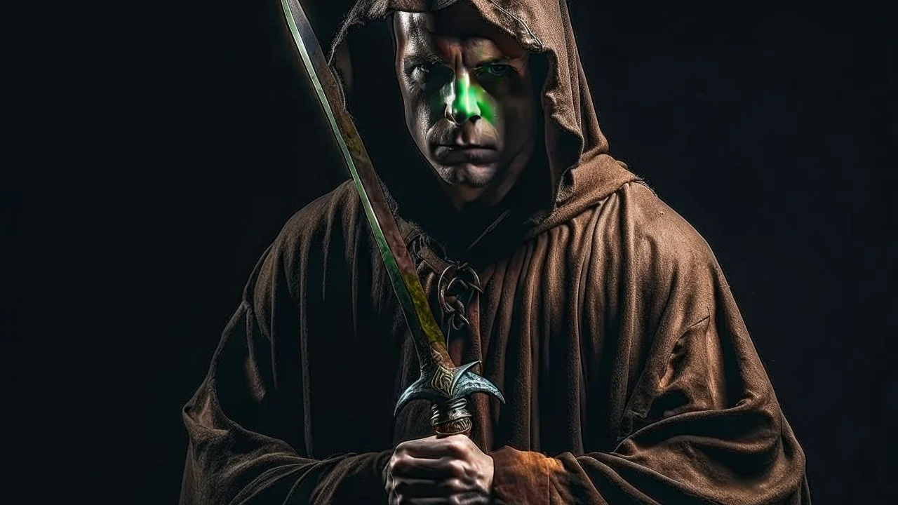 hooded monk armed with a sword