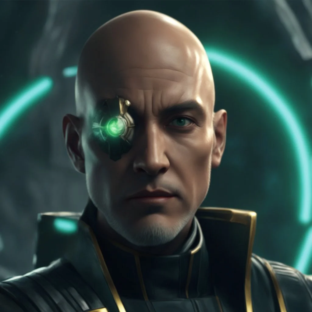 star wars bald male corellian jedi pilot wearing gunmetal grey and black old republic armored robes with gold trim inside the jedi temple holding a lightsaber with viridian green blade in left hand, centered head and shoulders portrait, hyperdetailed, dynamic lighting, hyperdetailed background, 8k resolution, volumetric lighting, light skin, fully symmetric details