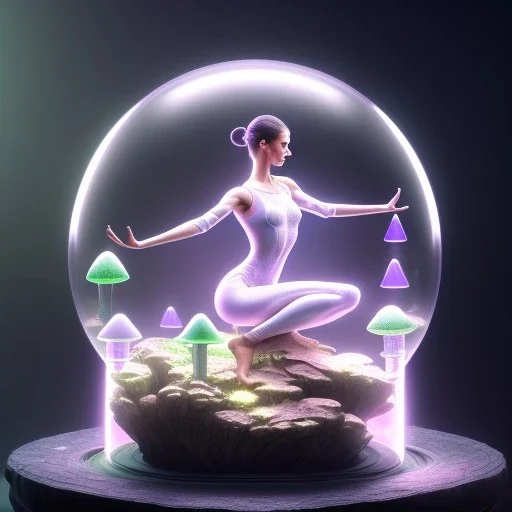 young humanoid yoga master in a glass shield mushroom, power surge , maze background , levitated lab equipment, 4k, Highly Detailed, Masterpiece, perfect eyes, Digital Illustration, Cinematic Lighting, Realistic, Sharp Focus, Centered, Beautifully Lit, Bioluminescent by Stanley Artgerm Lau