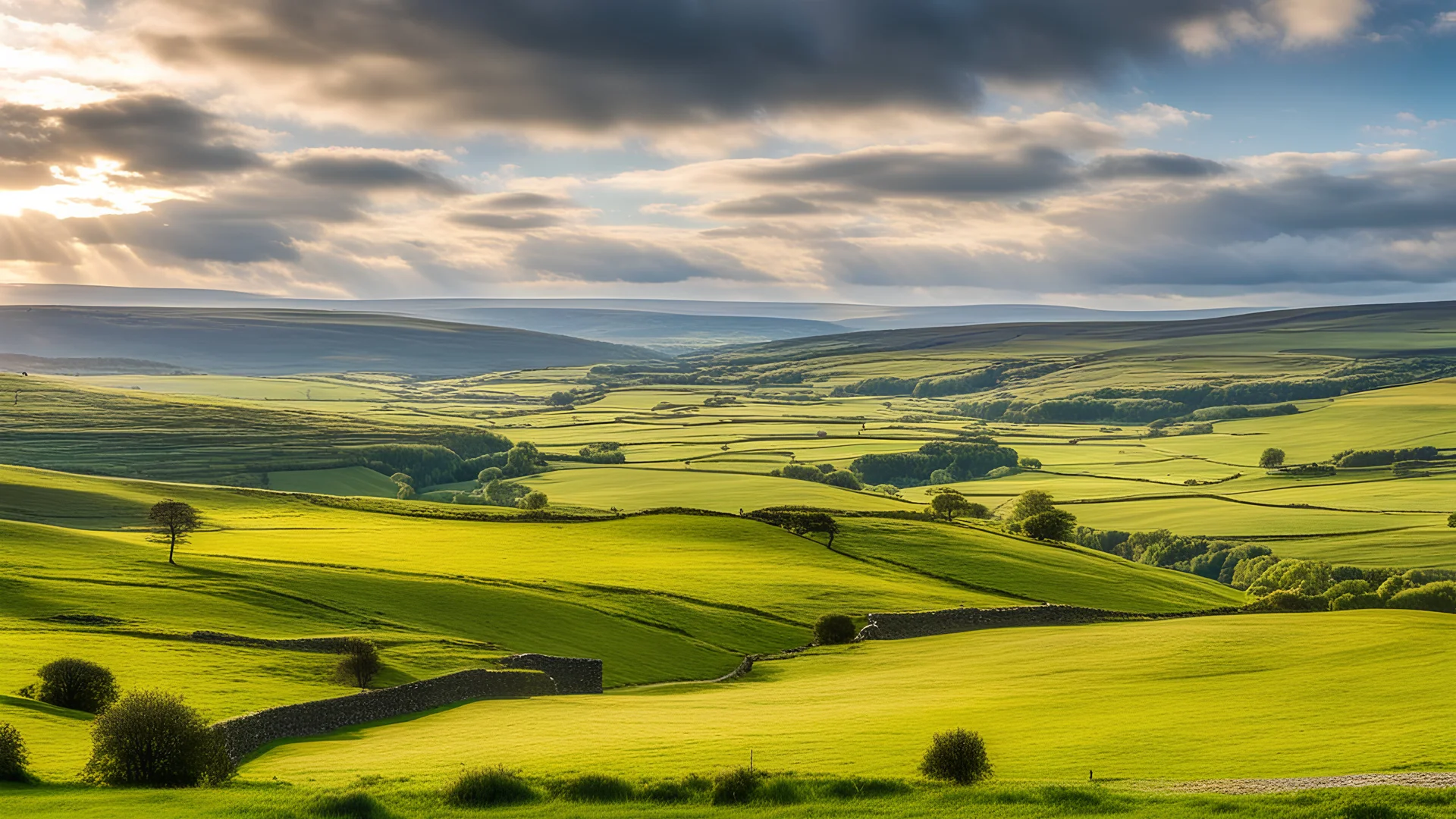 View across the valley in the Yorkshire Dales with beautiful clouds, late afternoon sunshine, stone walls enclosing the fields, gentle hills and valleys, river, calm, peaceful, tranquil, beautiful composition