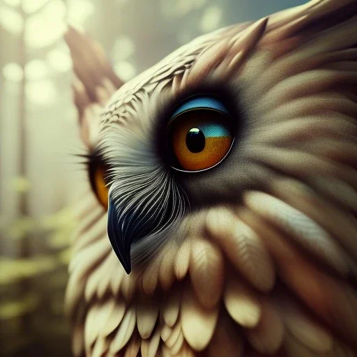 intricate details, realistic, octane, unreal engine, portrait, natural lighting,zoomed out + portrait, volumetric lighting, shiny,extreme detail, Photorealism, High detail, Hyper realistic Owl in forest, macro lens blur,abstract paint, sharp,eos5d mark 4, ef 85mm 5.6, focus, trending by artstation