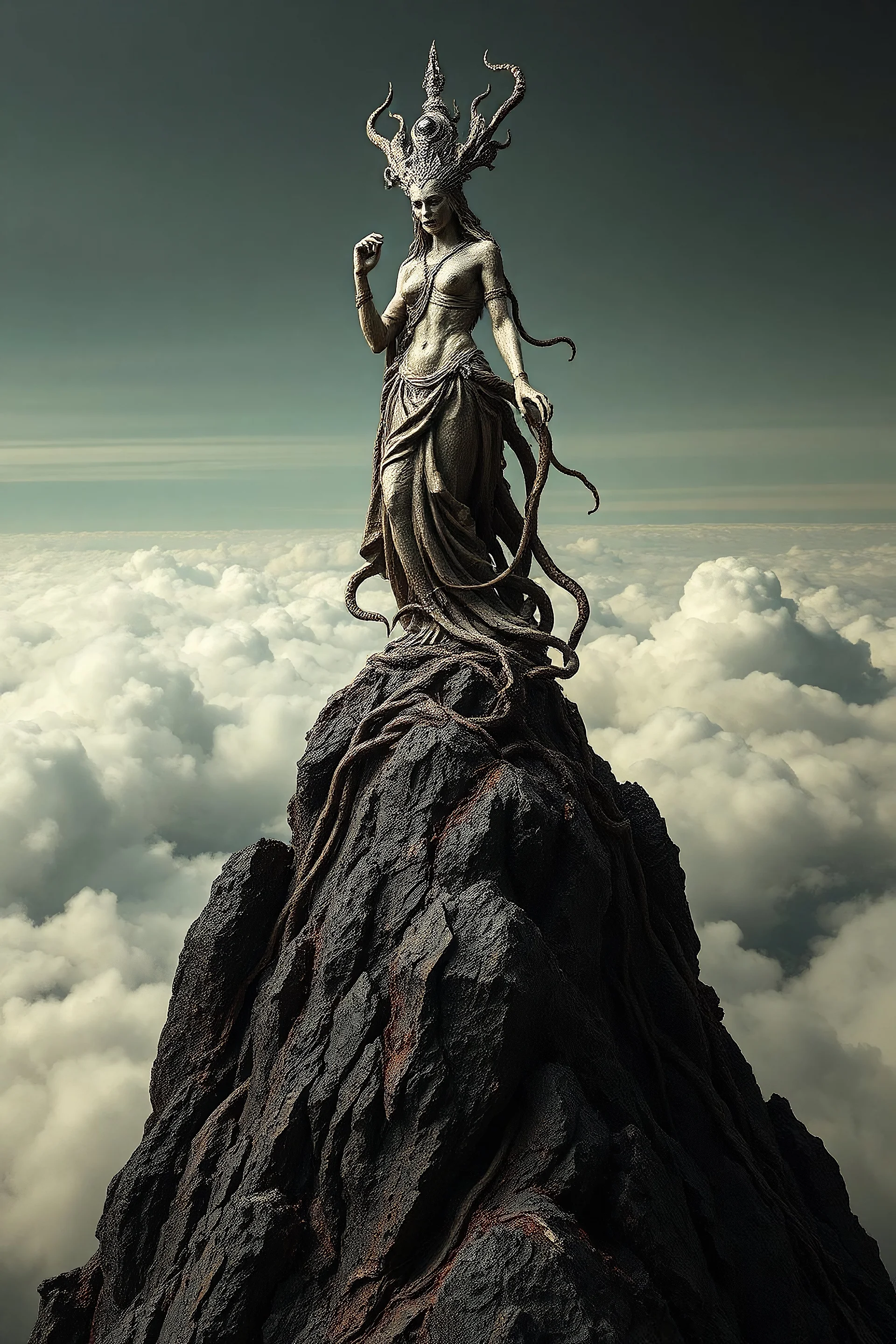 sculpture of goddess above the clouds on a top of a mountain , decayed and rotting with grotesque proportions and imagery. abstract grotesqueries, detailed texture, surreal horror, biomechanical design, by hr giger and beksinski