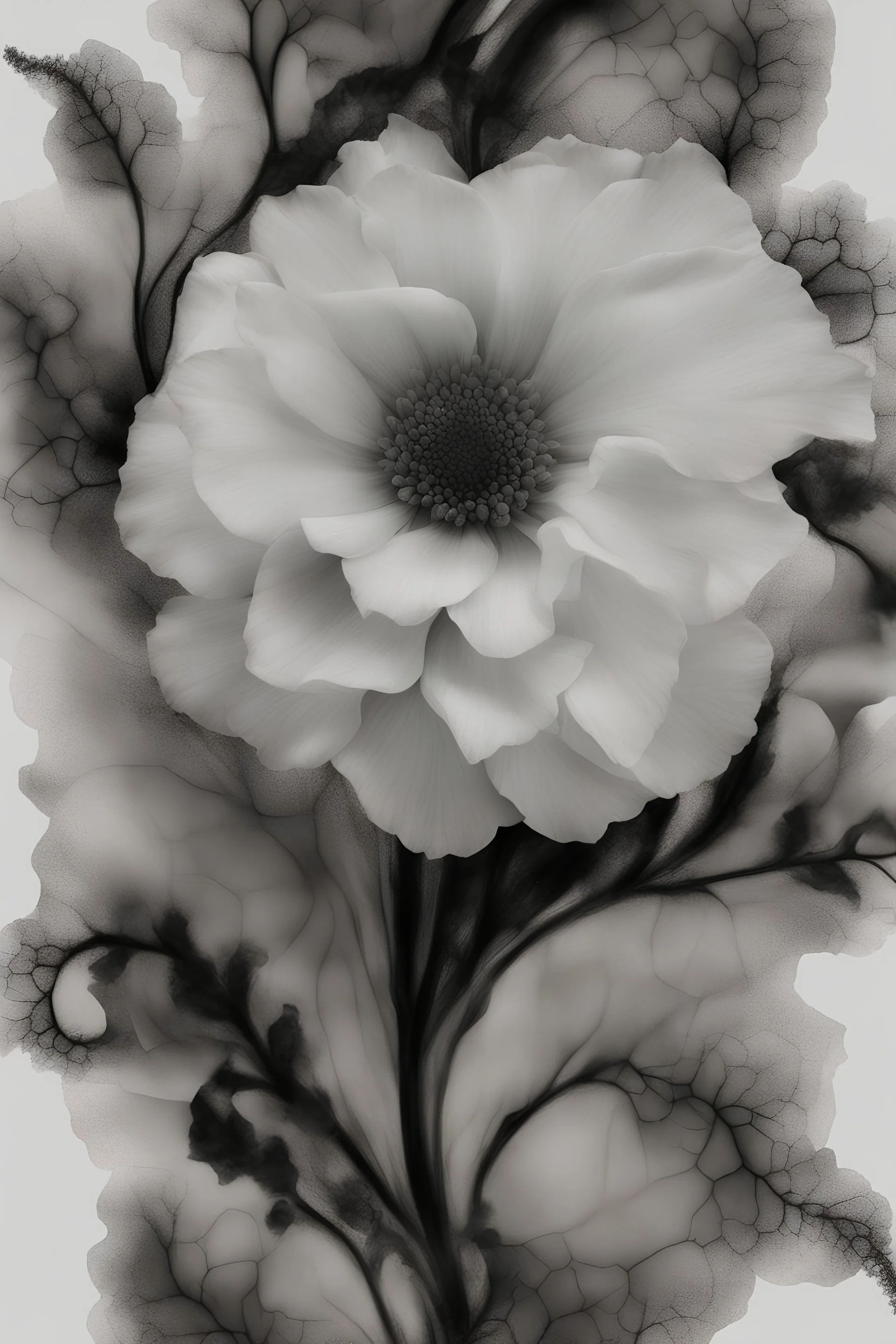 Realistic x-ray flower with intricate details, texturized effect, black and white, with snake,inspired by Hugh Turvey, Bert Myers and flower photography