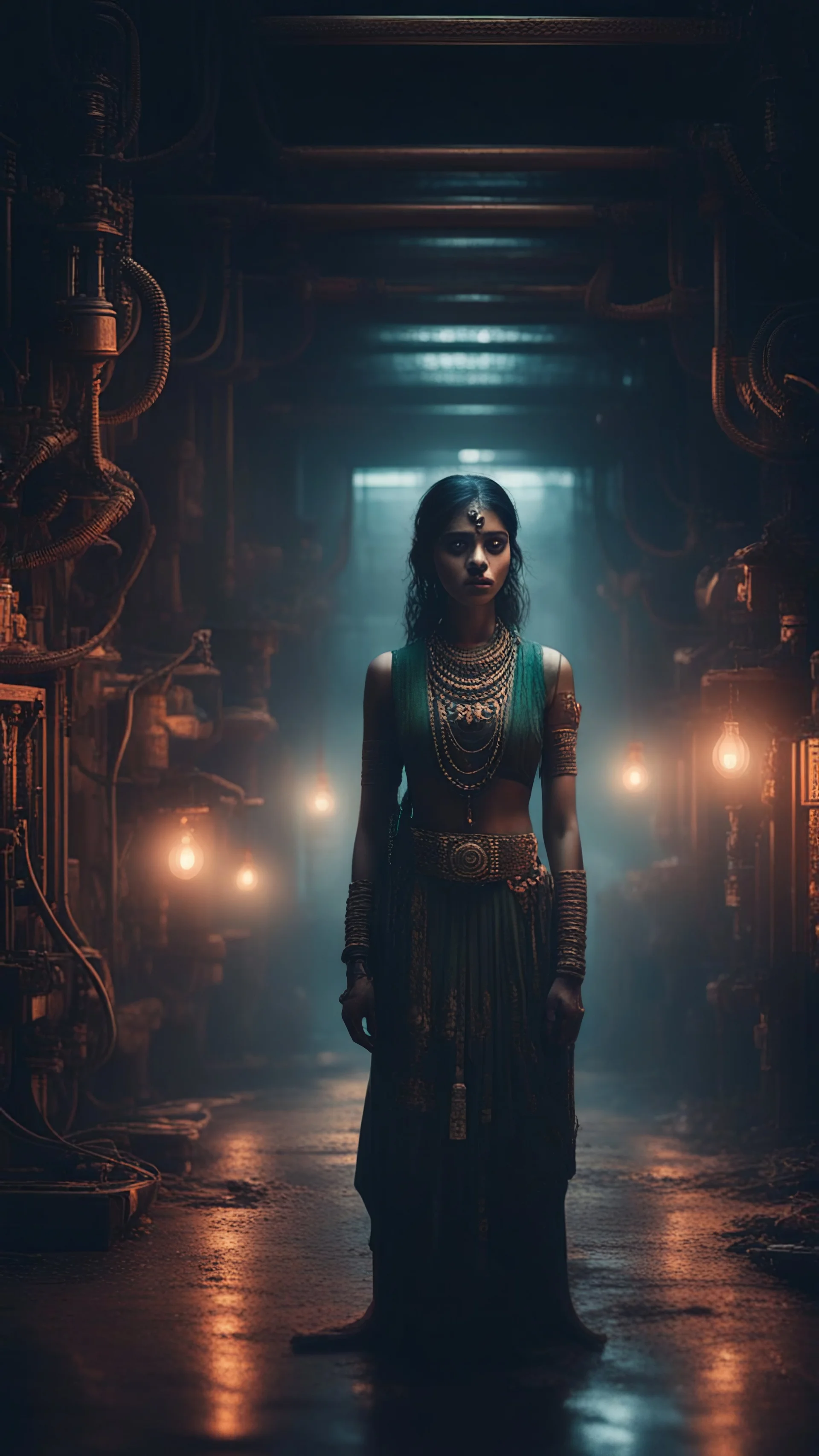 Shi Fi, a beautiful Indian,atmospheric lighting effects, intricate industrial details, moody atmosphere, eerie grimdark ambiance, complex motherboard accents, speculative fiction art. Bokeh