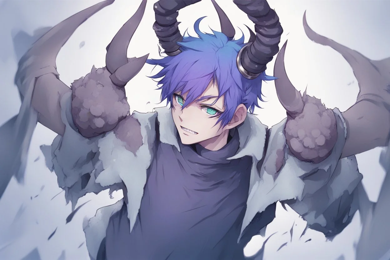 anime man with horns, fangs, messy purple hair and blue eyes