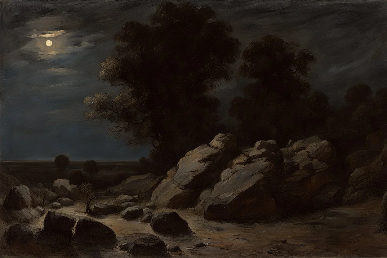 Night, rocks, trees, begginer's landscape, friedrich eckenfelder, and willem maris impressionism paintings