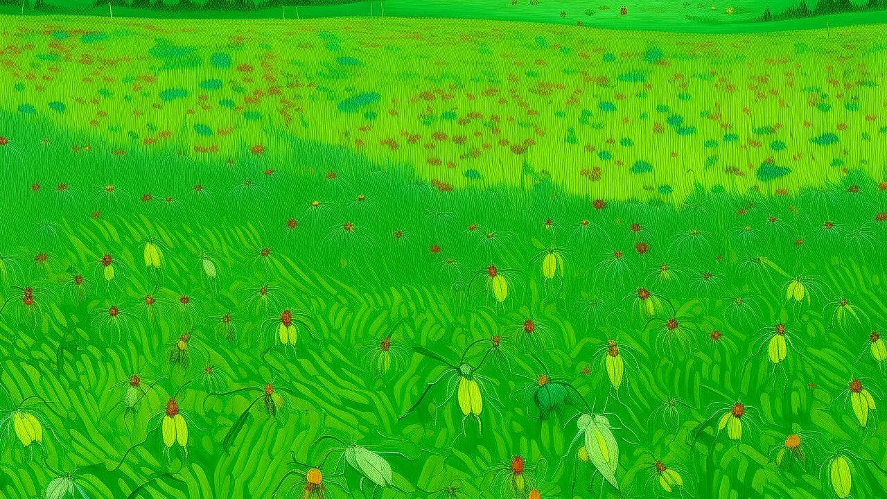 A lime green field with bugs painted by Vincent van Gogh