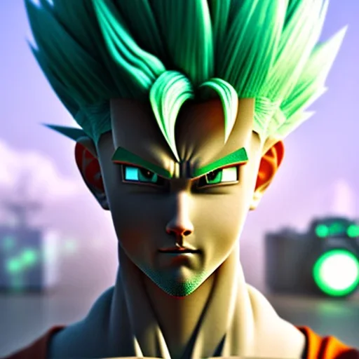 Son-goku with white hair in a green field, cyberpunk close-up, cartoon style, ray tracing