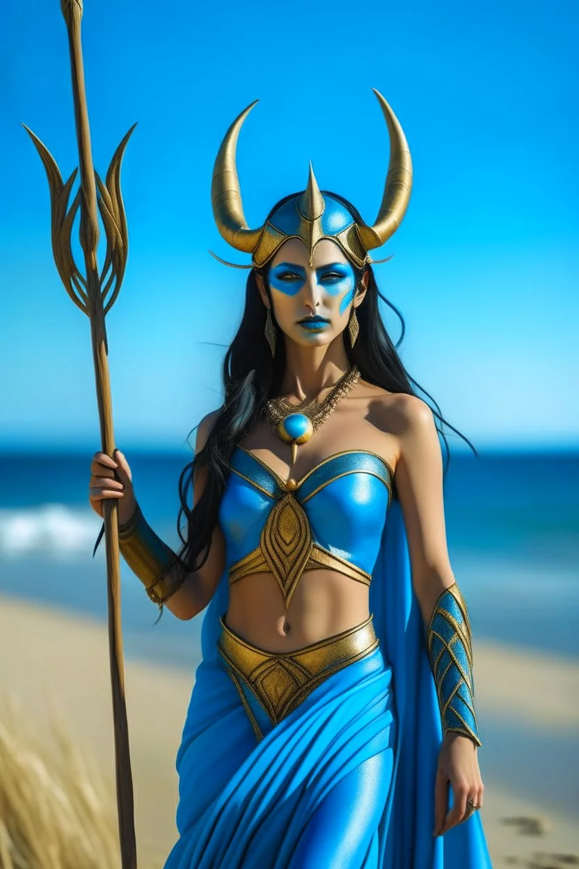 A picture of a beautiful "blue" faced indian goddess with skin painted blue, "blue painted body", blue painted torso, wild black hair, stag antlers, elven ears, golden skirt, holding a staff on a sunny beach