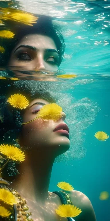 Canan Kaftancioglu underwater with yellow flowers for hair, closed eyes, rtx, reflection, 8k, glow, winning photography, caustics