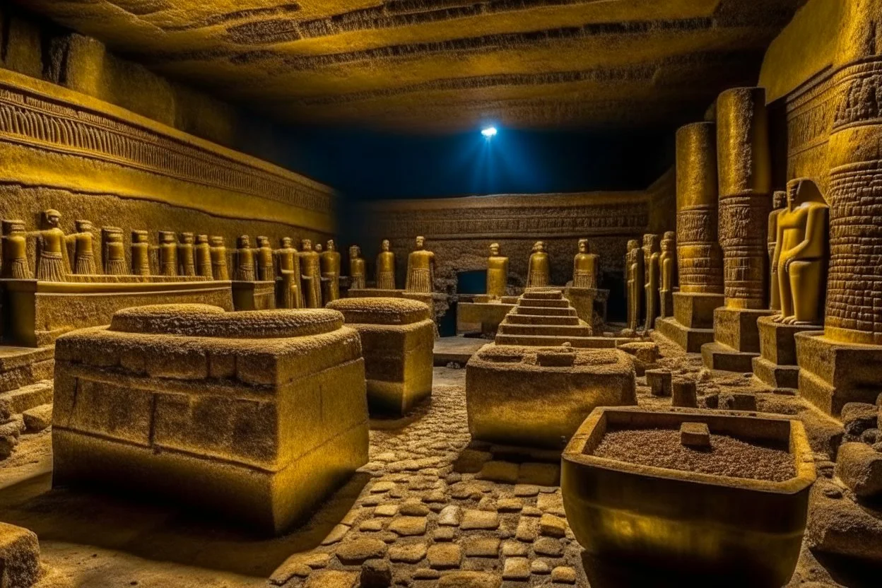 Tombs of kings of ancient civilization, many golden objects. pomp A huge splendor is the ancient Tomb of Kings in the depths of the earthTemple of the goddess Venus, where Amazon women guard the magnificent huge hall, some armed.