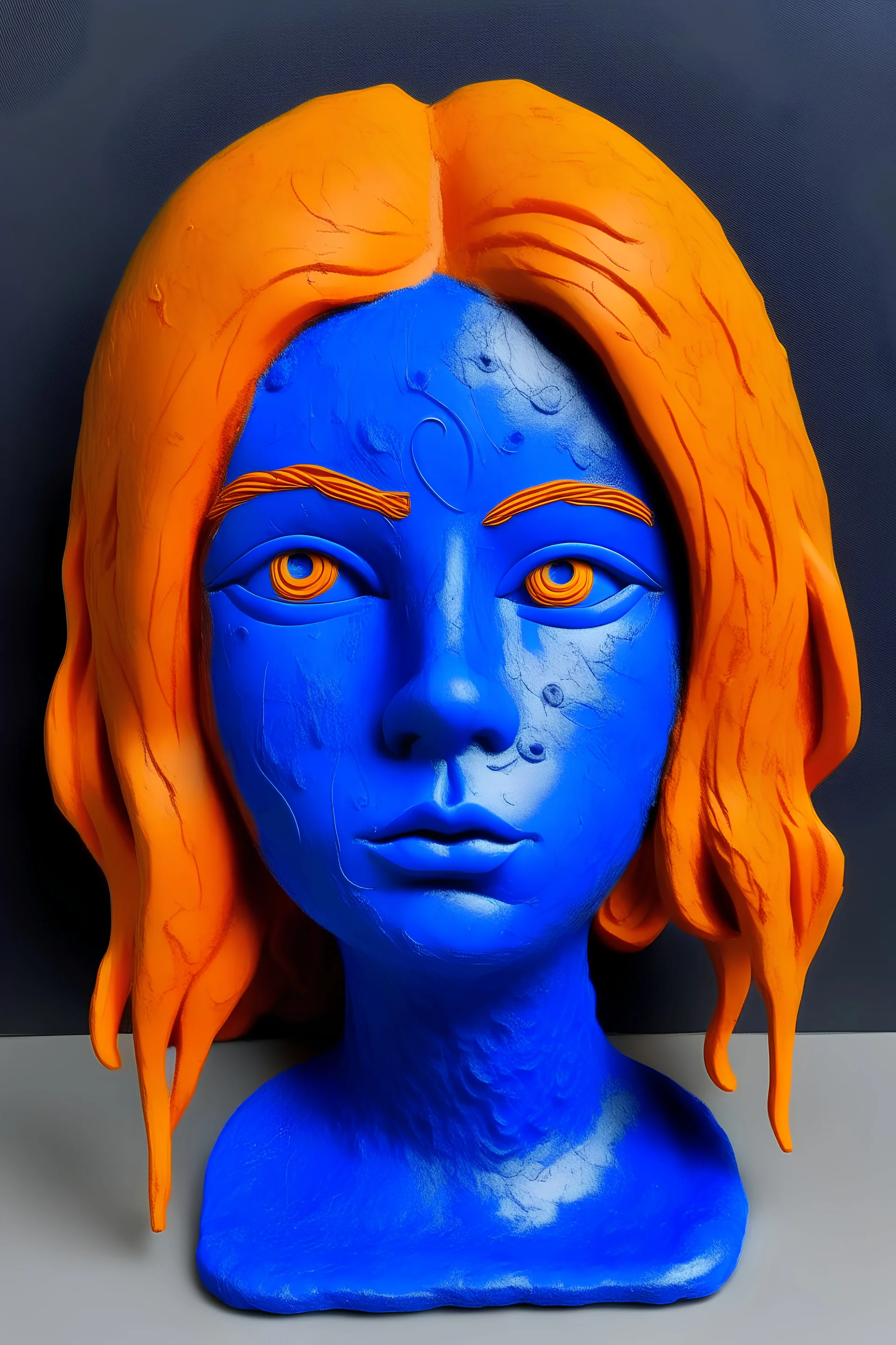 Girl face with indigo rubber effect in all body with orange sponge hair