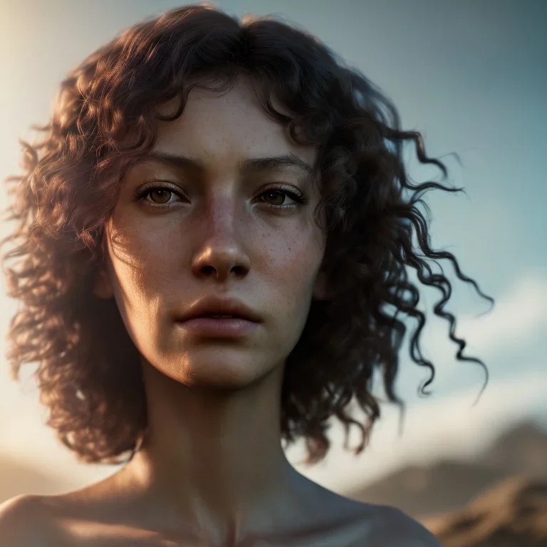 portrait, curly hair, woman, brown eyes, sunkissed, final fantasy, ethereal, 8k quality, highly detailed, galaxy sky, dynamic lighting, rdshift difusion, clouds