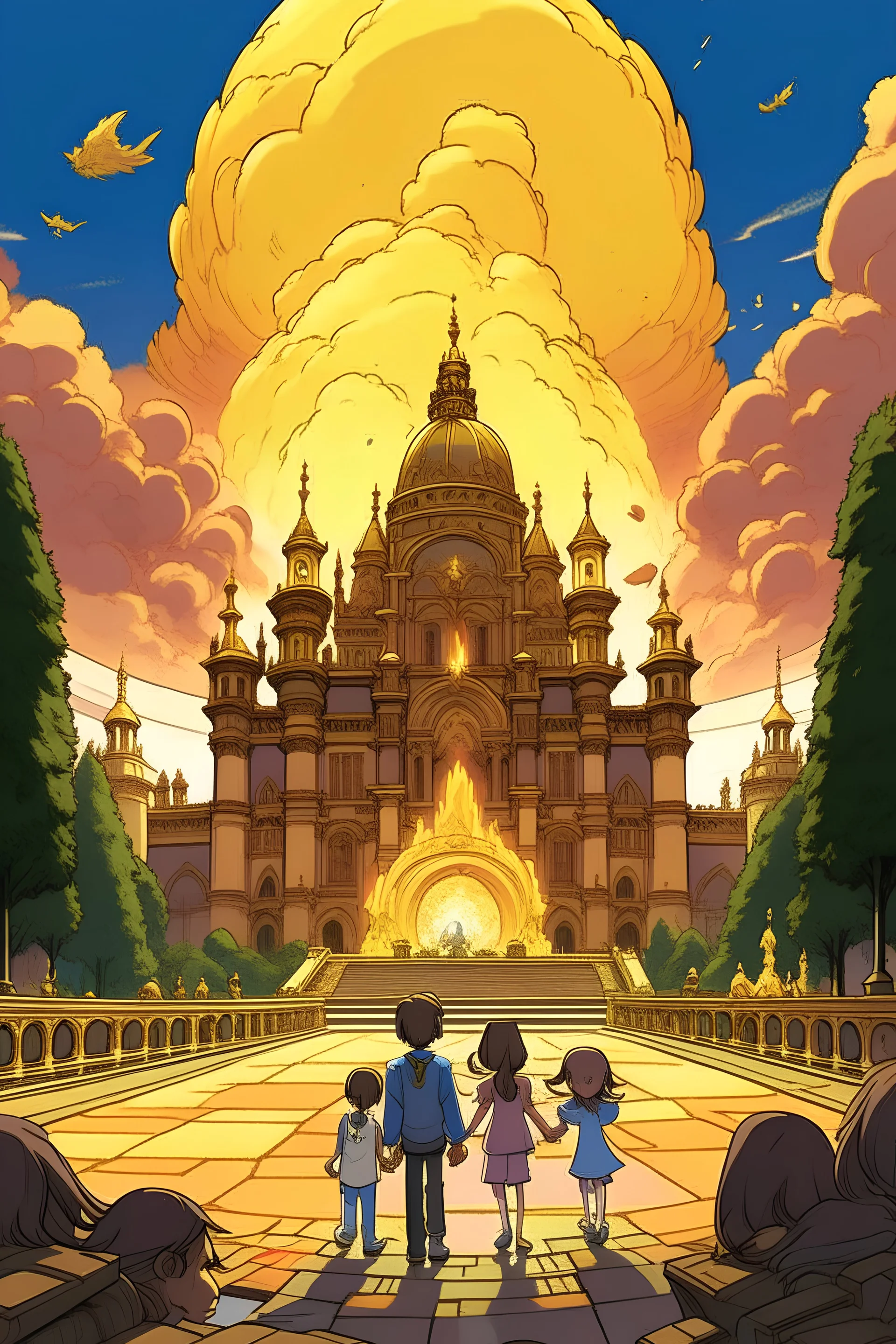 A young man holding the hand of a little girl stands in front of a large palace that explodes and a time portal, and four people stand inside the palace.