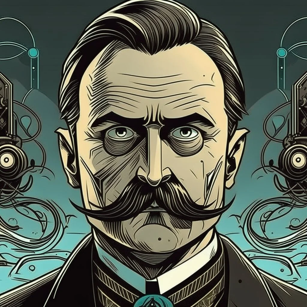 Futuristic, cyberpunk implants, Friedrich Nietzsche, Friedrich Nietzsche mustache, Comic style