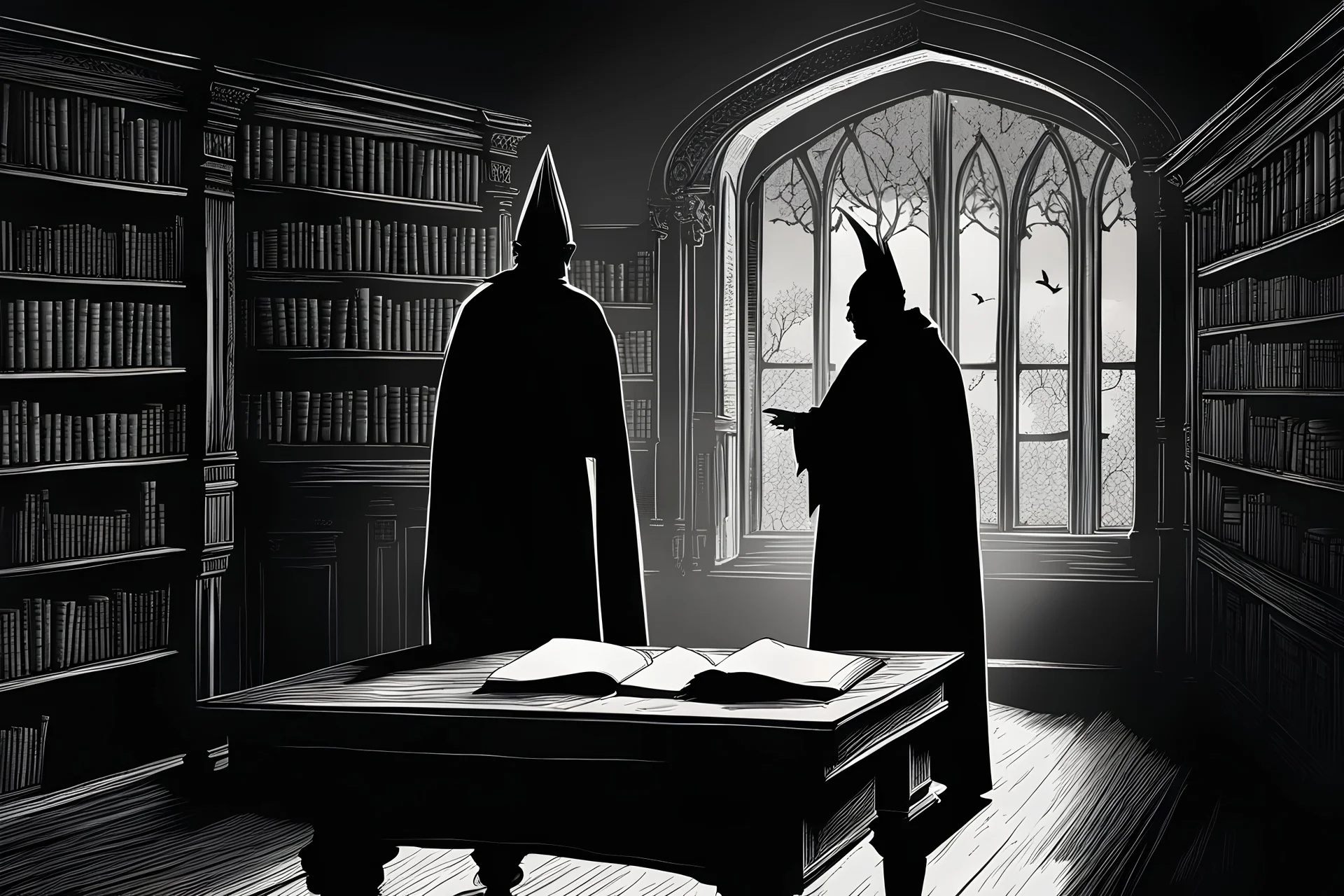 two cardinal priest, silhouette, library office, desk, interior, secret corridor, medieval, illustration,