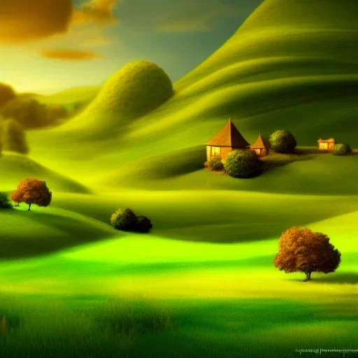 Landscape, the shire, fantasy, green, Brown, warm, realistic, village