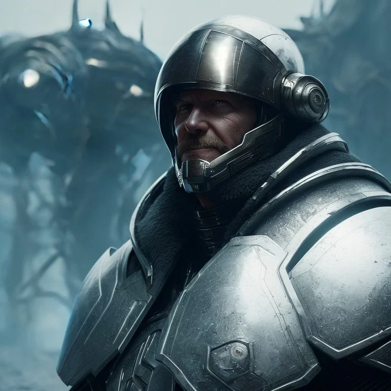 Epic Character design, strong Male space soldier wearing metal armor black, mist, photorealistic, octane render, unreal engine 5 style, ultra detailed, volumetric lighting, Dark Alien planet, middle-aged man with helmet scarred face with beard