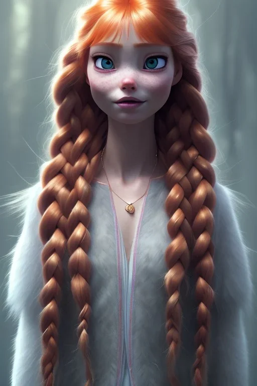 Woman, cute, beautiful, orange hair, two braids, bangs, blue eyes, big eyes, freckles, long eyelashes, pink lipstick, thin lips, big tit, Anna from Frozen, 8k resolution concept art portrait by Greg Rutkowski